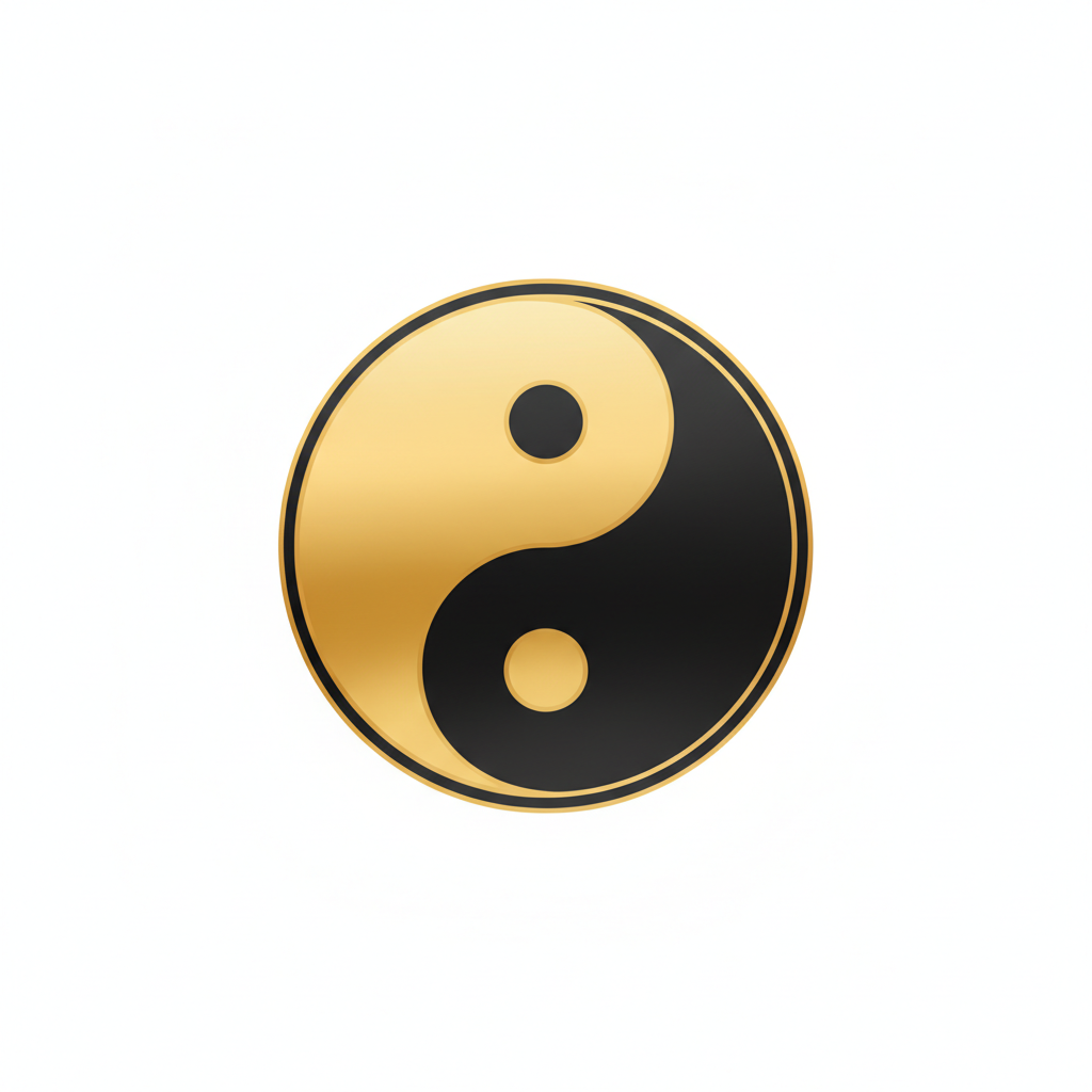 A simple, elegant yin yang symbol in gold and black on a transparent background, minimalist and clean, suitable as a small icon